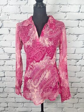 Vintage Y2K Love Potion Sheer Paisley Top Blouse Large Pink Bell Sleeve Boho